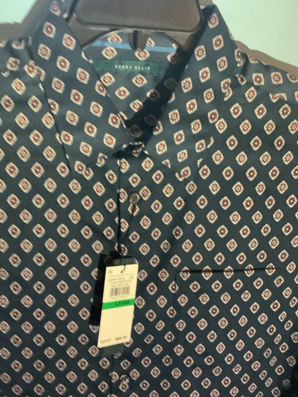 Perry Ellis Navy and Brown Geo-Print Button-Down Shirt